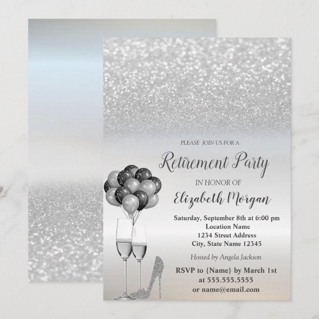 Silver Glitter,Balloons,High Heel Retirement Party Invitation (Front/Back)