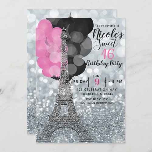 Silver Glitter  Balloons Paris Eiffel Tower Party Invitation