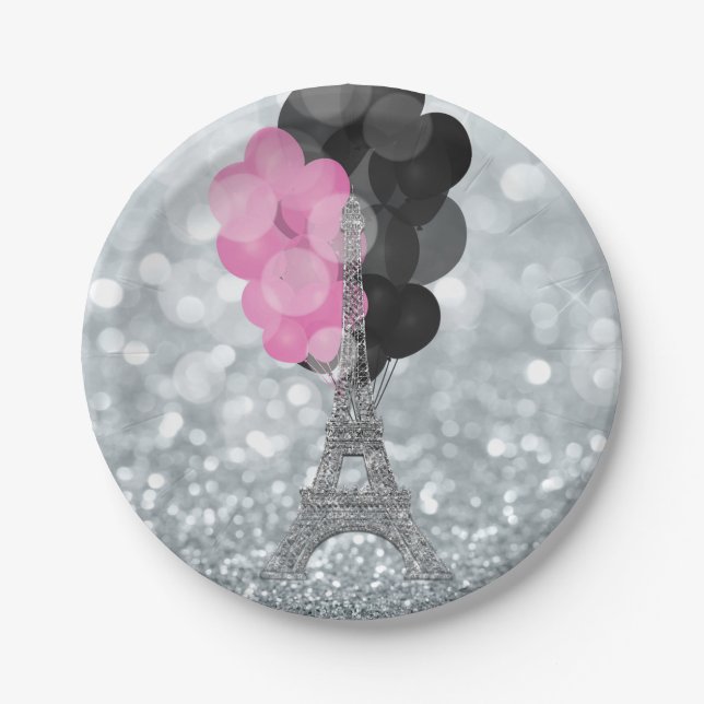 Silver Glitter & Balloons Paris Eiffel Tower Party Paper Plates (Front)