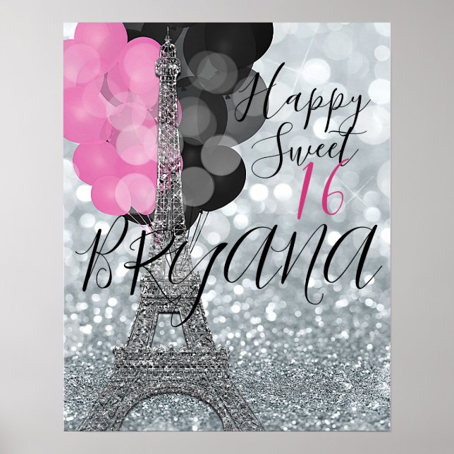 Silver Glitter & Balloons Paris Eiffel Tower Party Poster (Front)