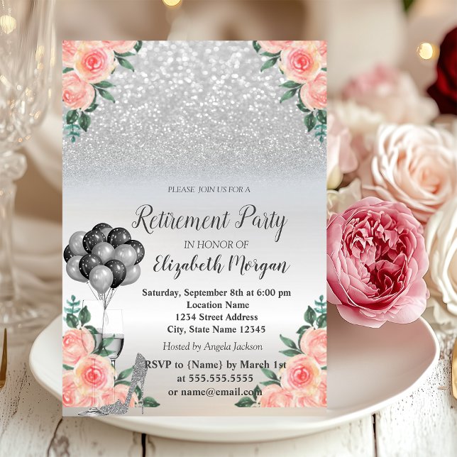 Silver Glitter,Balloons, Roses Retirement Party Invitation (Creator Uploaded)