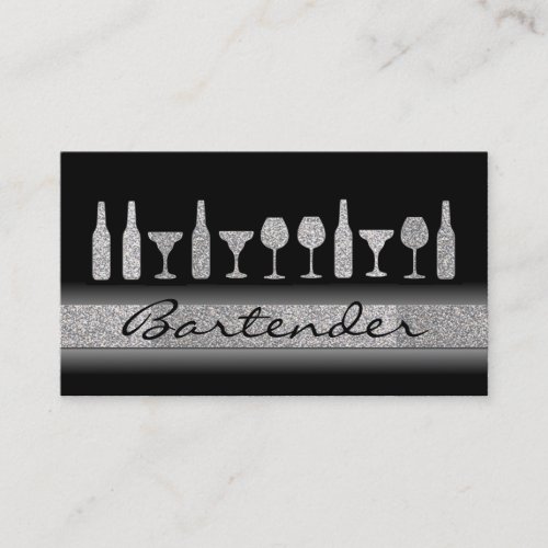 Silver glitter bartender drinks business card