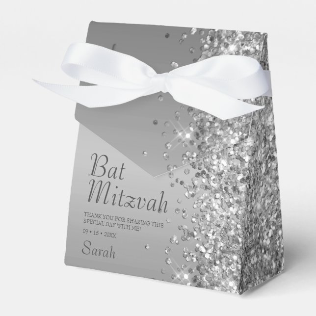Silver Glitter Bat Mitzvah Favor Boxes (Front Side)