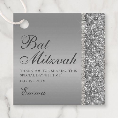 Silver Glitter Bat Mitzvah Favor Tags