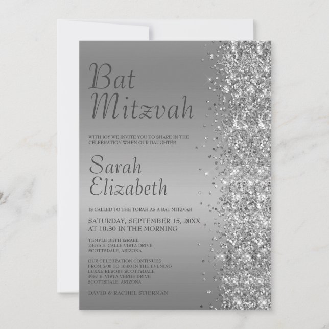 Silver Glitter Bat Mitzvah Invitation (Front)