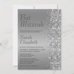 Silver Glitter Bat Mitzvah Invitation | Zazzle