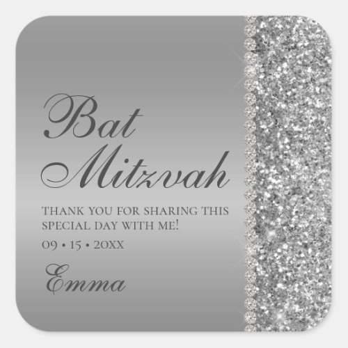 Silver Glitter Bat Mitzvah Square Sticker