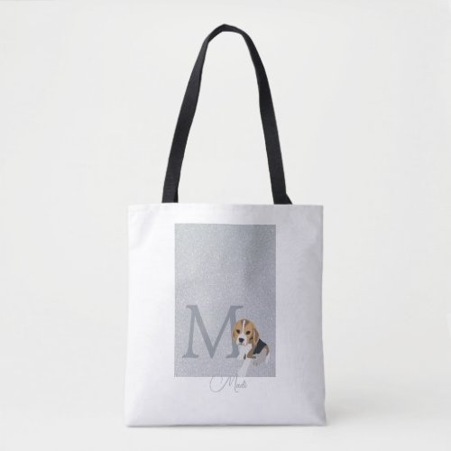 Silver Glitter Beagle Dog Lover Custom Monogram Tote Bag