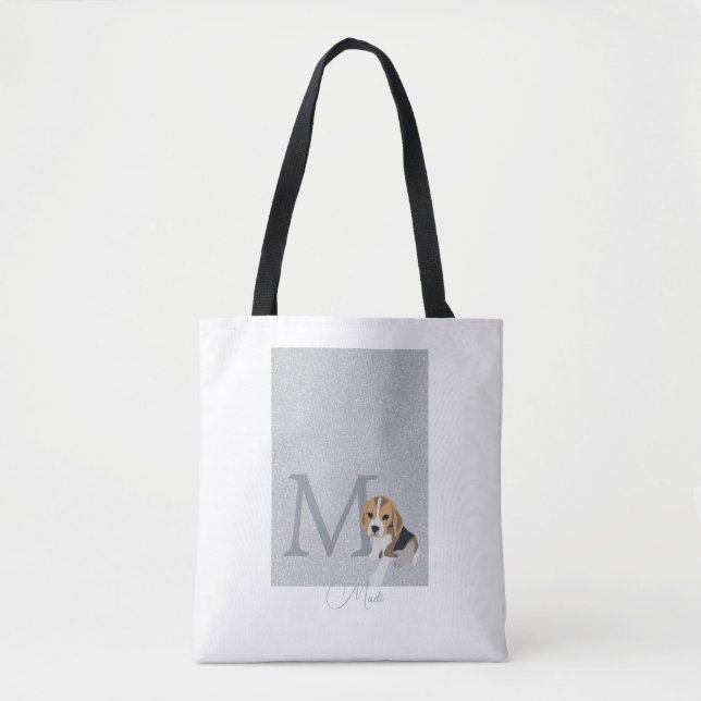 Silver Glitter Beagle Dog Lover Custom Monogram Tote Bag (Front)