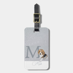 Silver Glitter Beagle Dog Lovers Custom Monogram Luggage Tag