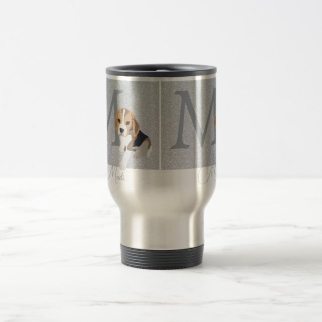 Silver Glitter Beagle Dog Owner and Proud Monogram Travel Mug (Center)