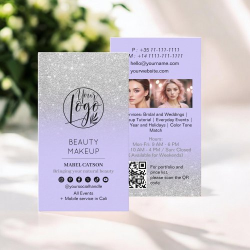 Silver glitter Beauty Makeup Artist Photos QR Code Business Card