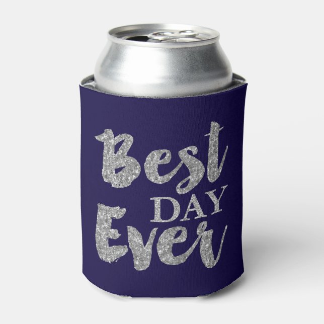 Silver Glitter Best Day Ever Wedding Favors Can Cooler (Can Front)
