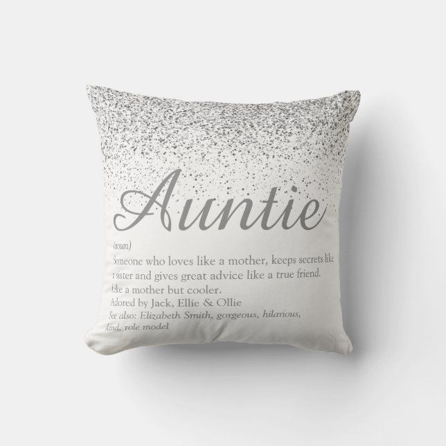 Silver Glitter Best Ever Auntie Aunt Definition Throw Pillow (Front)