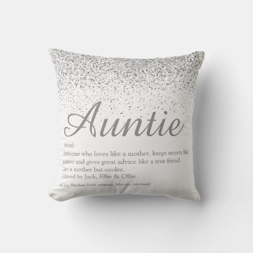 Silver Glitter Best Ever Auntie Aunt Definition Throw Pillow
