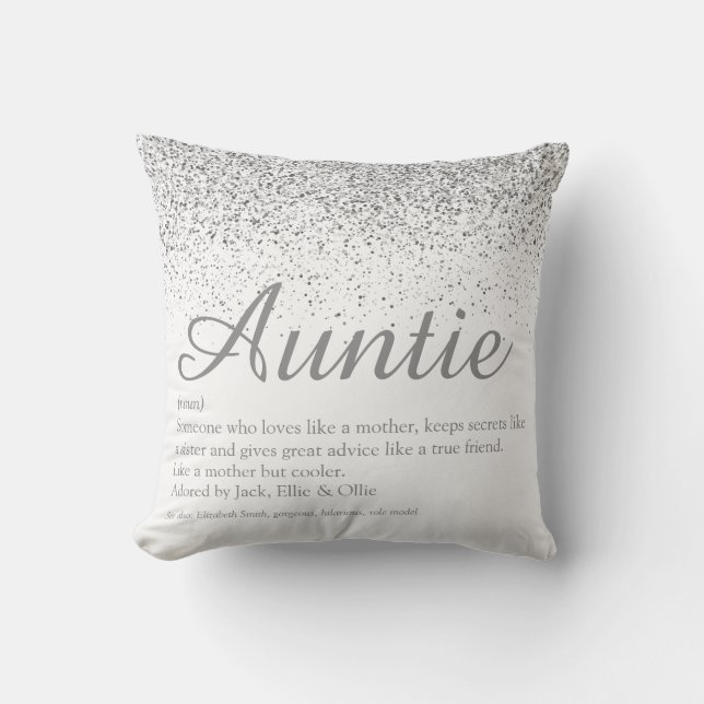 Silver Glitter Best Ever Auntie Aunt Definition Throw Pillow (Front)