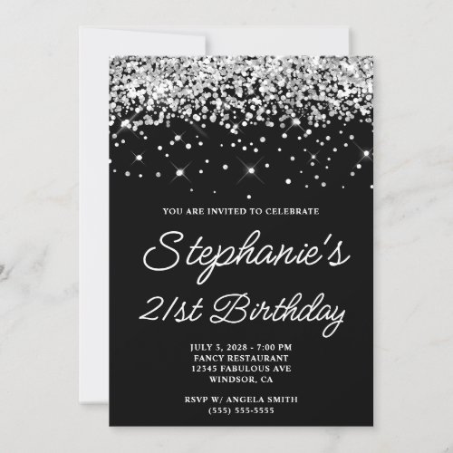 Silver Glitter Black 21st Birthday Invitation