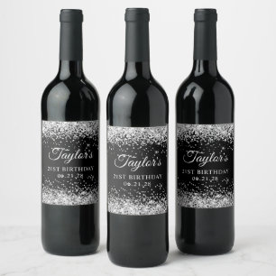 Silver Glitter Black 21st Birthday Wine Label