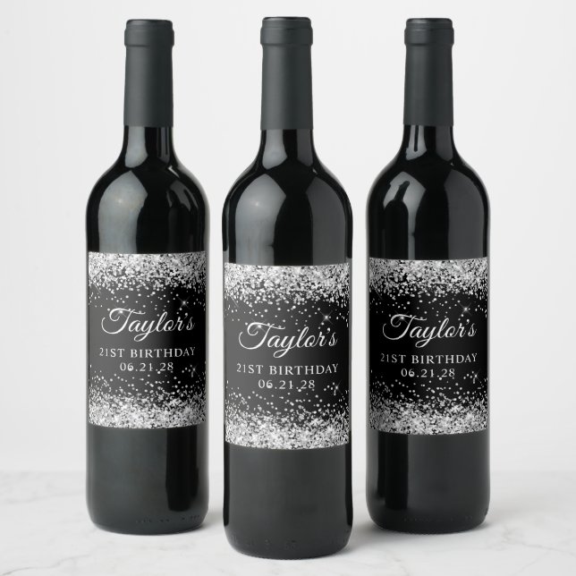 Silver Glitter Black 21st Birthday Wine Label (Bottles)