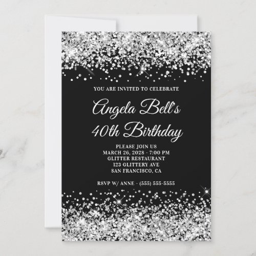Silver Glitter Black 40th Birthday Invitation