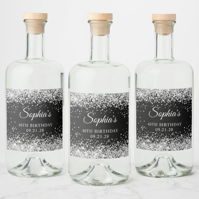 Silver Glitter Black 40th Birthday Liquor Bottle Label (Bottles)