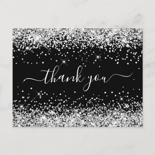 Silver Glitter Black 40th Birthday Thank You Postcard (Front)