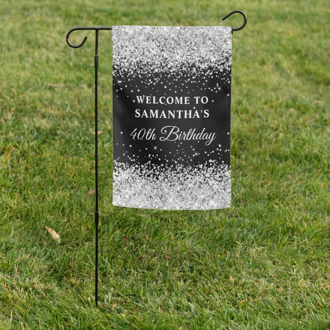 Silver Glitter Black 40th Birthday Welcome Garden Flag (In SItu)