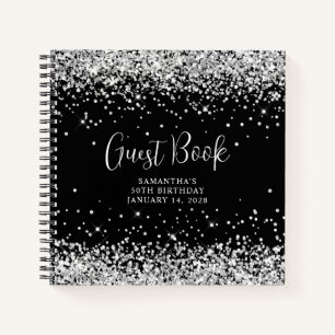 Silver Glitter Black 50th Birthday Guest Notebook