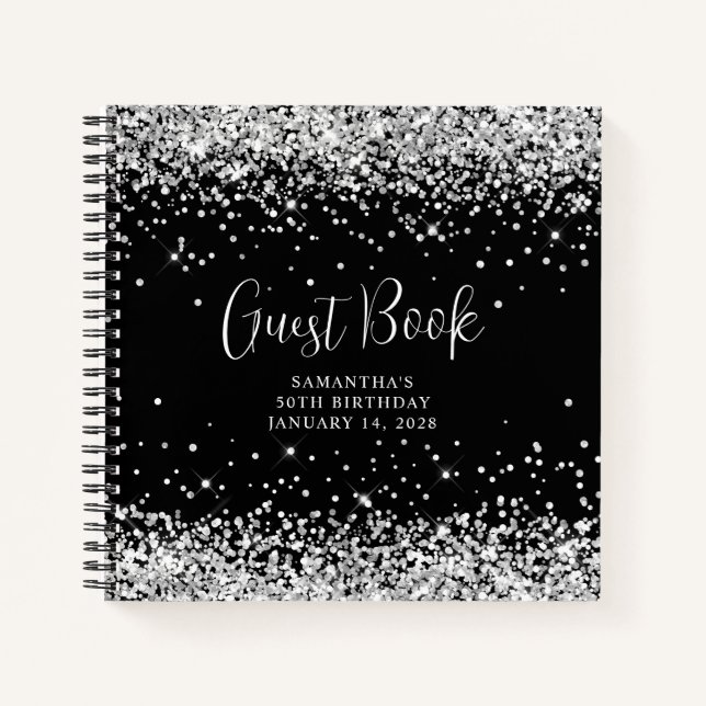 Silver Glitter Black 50th Birthday Guest Notebook (Front)