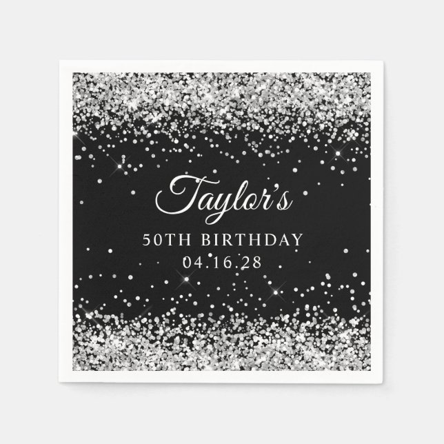 Silver Glitter Black 50th Birthday Napkins (Front)