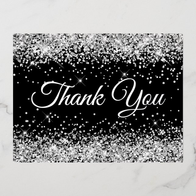 Silver Glitter Black 50th Birthday Thank You Foil Invitation Postcard (Front)