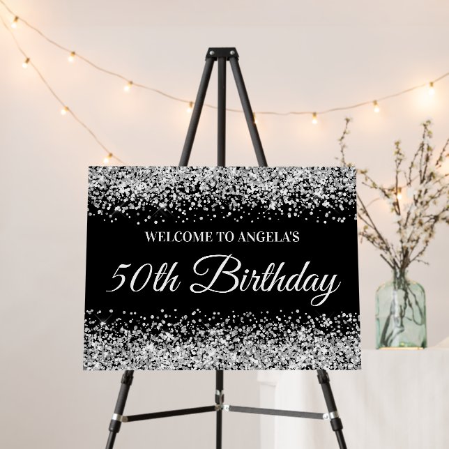 Silver Glitter Black 50th Birthday Welcome Foam Board (In Situ (Stand))