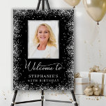 Silver Glitter Black 60th Birthday Photo Welcome Foam Board<br><div class="desc">Elegant Modern Sparkle black and silver glitter and Personalized Photo 60th Birthday Welcome Foam Board. This Girly Adult feminine SIXTY (SIXTIETH) OR ANY AGE Birhday party sign featuring a stylish handwritten calligraphy script, silver glam glitter frame around on black background. Ideal for a feminine adult or girly milestone birthday celebration,...</div>