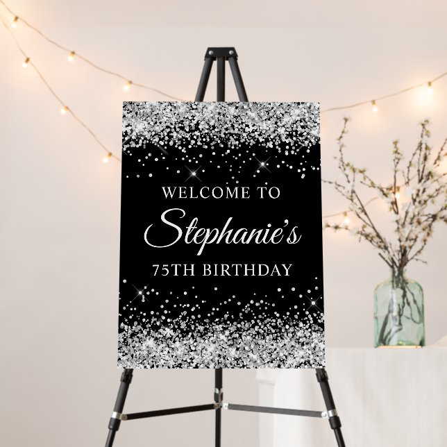 Silver Glitter Black 75th Birthday Welcome Foam Board (In Situ (Stand))