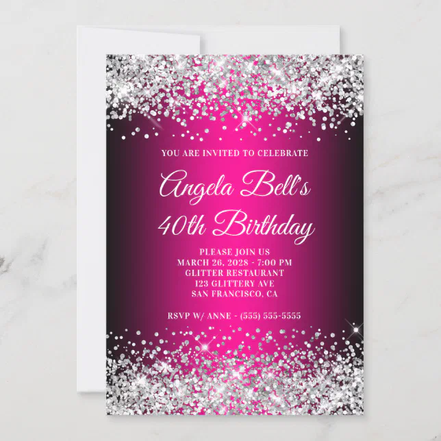 Silver Glitter Black and Hot Pink 40th Birthday Invitation | Zazzle