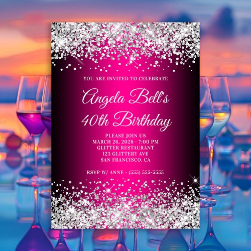 Silver Glitter Black and Hot Pink 40th Birthday Invitation