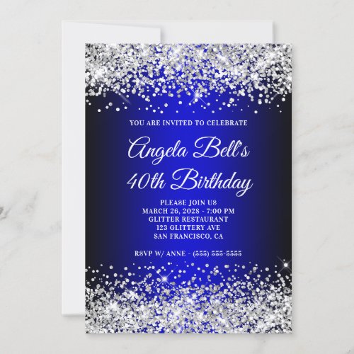 Silver Glitter Black Blue Gradient 40th Birthday Invitation