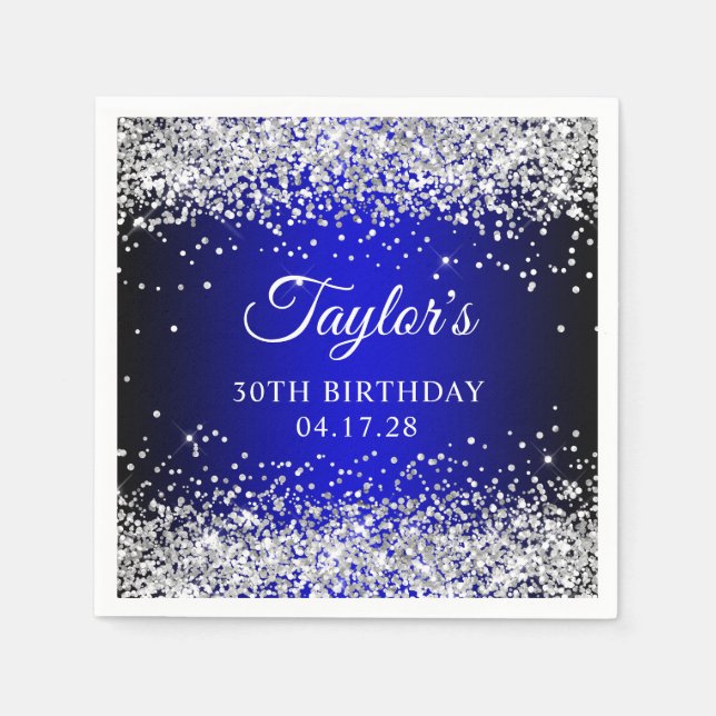 Silver Glitter Black Blue Ombre 30th Birthday Napkins (Front)