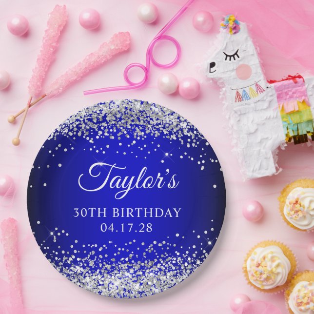 Silver Glitter Black Blue Ombre 30th Birthday Paper Plates (Party)