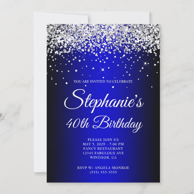 Silver Glitter Black Blue Ombre 40th Birthday Invitation (Front)