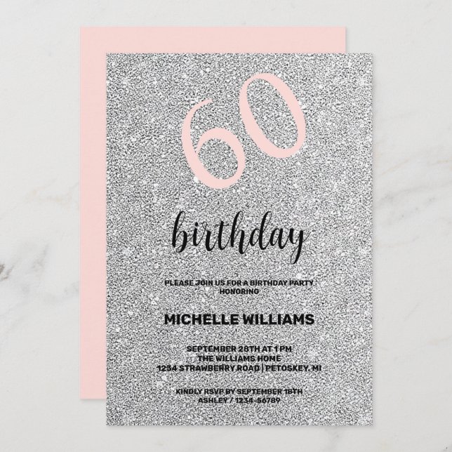 Silver Glitter Black Blush Calligraphy Birthday Invitation (Front/Back)