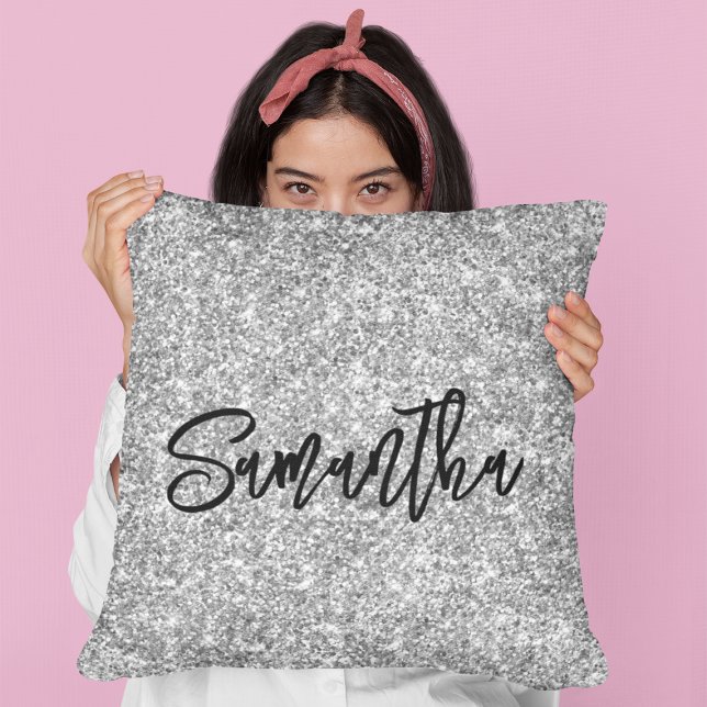 Silver Glitter Black Brush Script Throw Pillow (Creator Uploaded)
