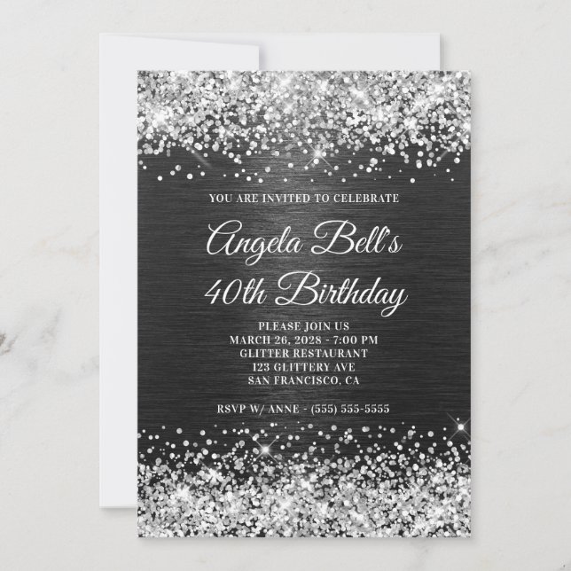 Silver Glitter Black Brushed Metal 40th Birthday Invitation (Front)