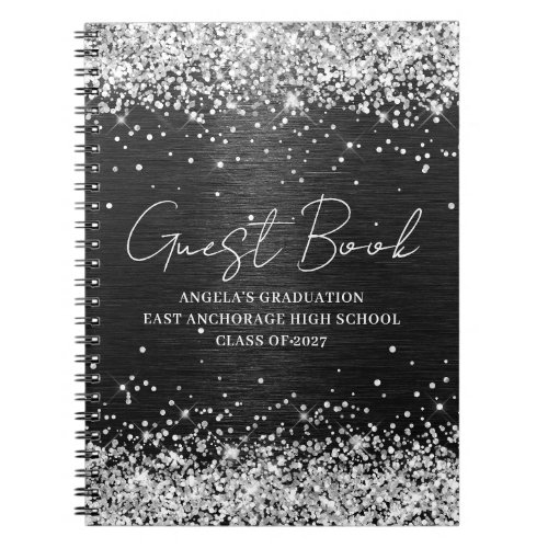 Silver Glitter Black Brushed Metal Graduate Guest Notebook