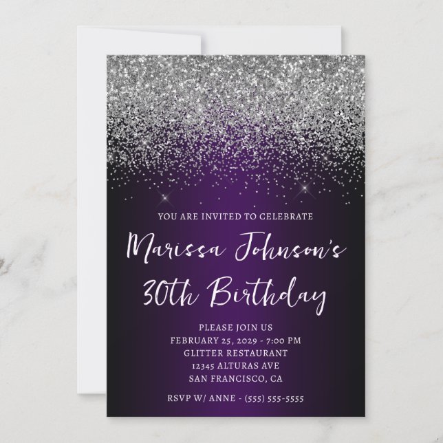 Silver Glitter Black Dark Purple 30th Birthday Invitation (Front)