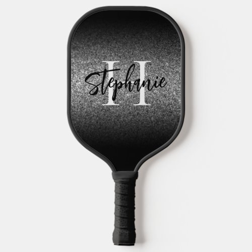 Silver Glitter Black Edge Ombre Monogrammed Pickleball Paddle