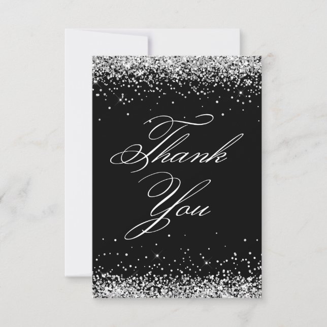 Silver Glitter Black Elegant 40th Birthday Thank You Card (Front)