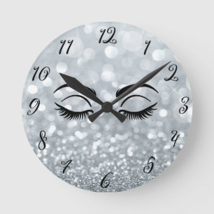 Silver Glitter Black Eyelashes Salon Personalized Round Clock