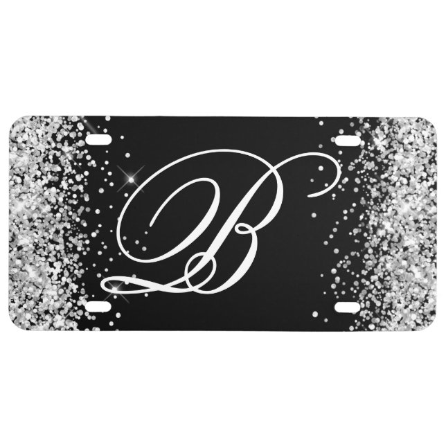 Silver Glitter Black Fancy Monogram License Plate (Front)