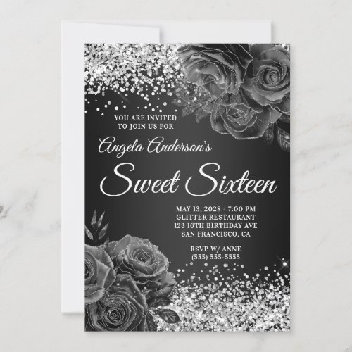 Silver Glitter Black Floral Glam Sweet Sixteen Invitation